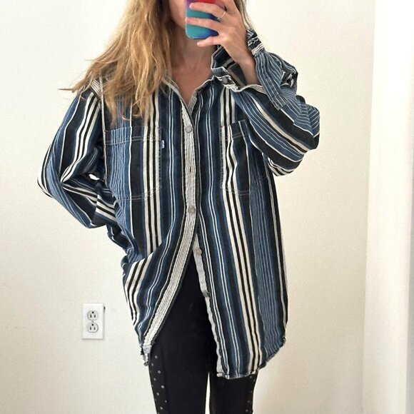 Vintage Levi Strauss Striped Denim Button Front Western Collared Shirt LRG - Picture 8 of 11